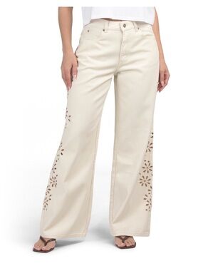 NORDSTROM HARLOW CREAM WIDE LEG JEANS WITH LASER-CUT FLORAL PANELS 28 NWOT